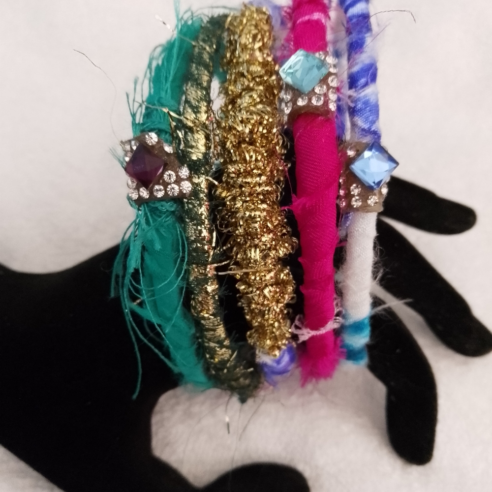 Boho Chic Bohemian Stackable Bracelets made from Fibers, Silk Fabrics, and Beads
